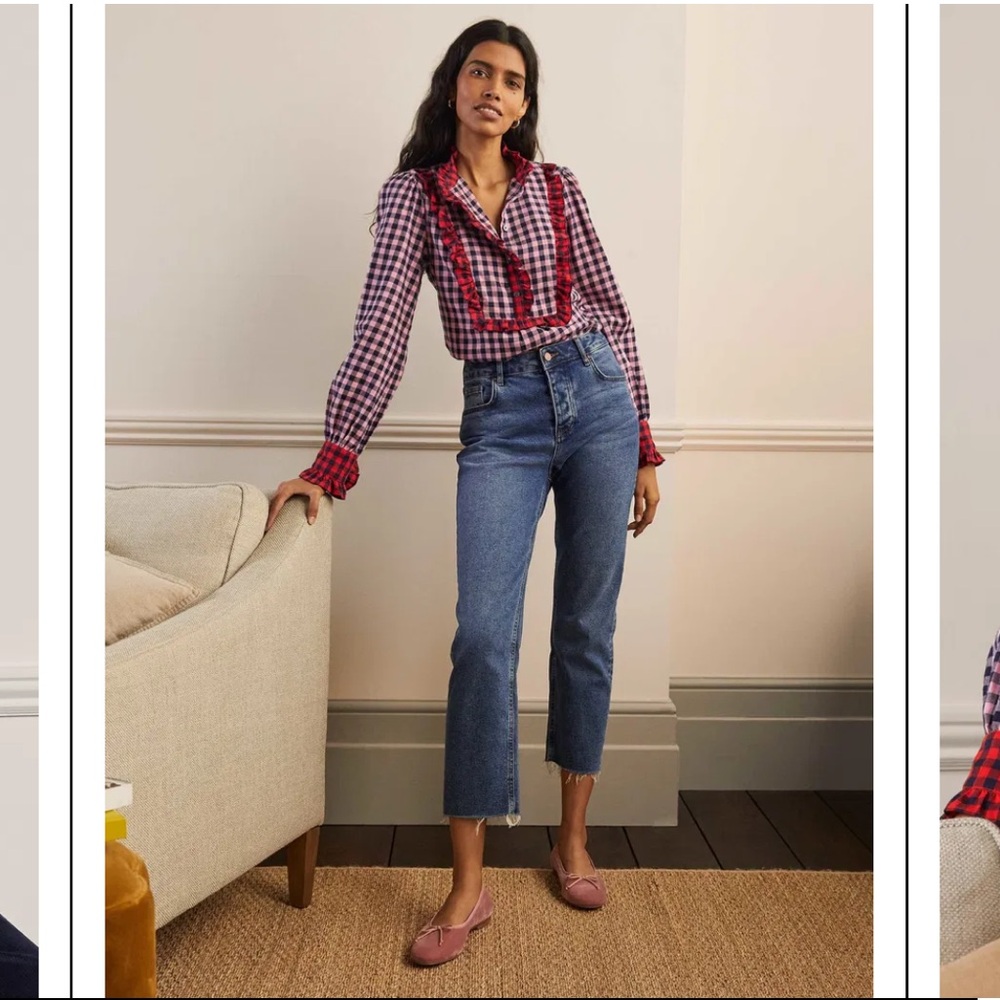 Boden Isla Frill Detail Blouse Formica Pink and Navy Gingham 8 ruffle plaid soft - Picture 3 of 5